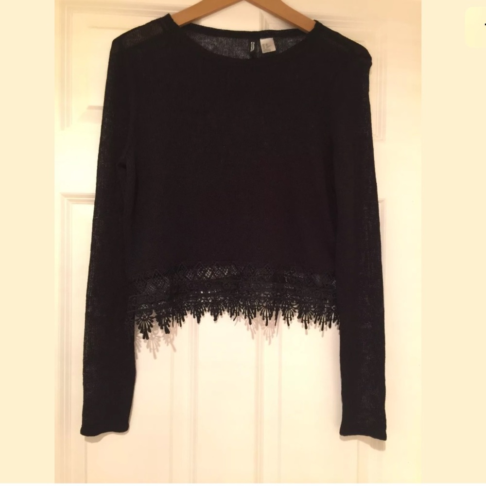 H&M Black Sweater. Lace Trim. See through Size XS